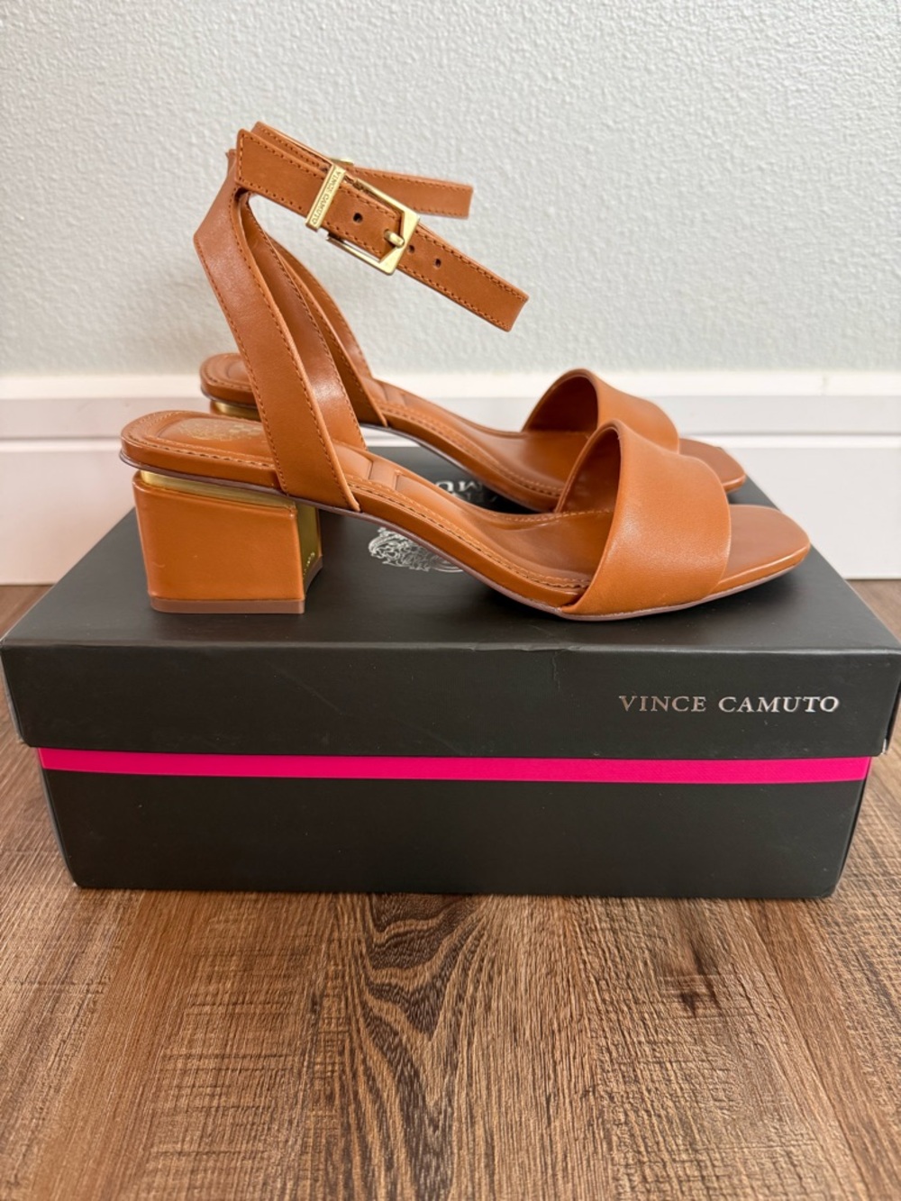 BRAND NEW, genuine leather Vince Camuto Cognac Ankle-Strap Block Heel Sandals